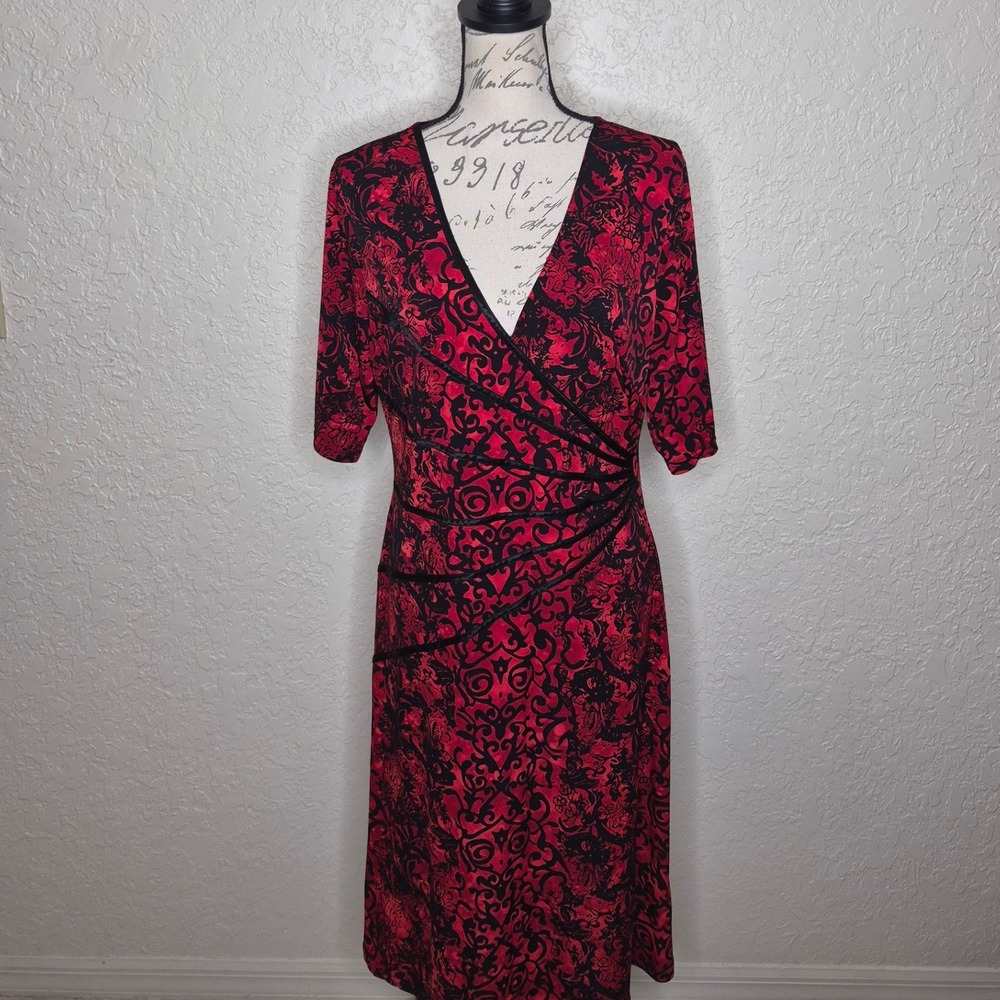 Dressbarn Red Black Damask Faux Wrap Dress V-Neck Size 16